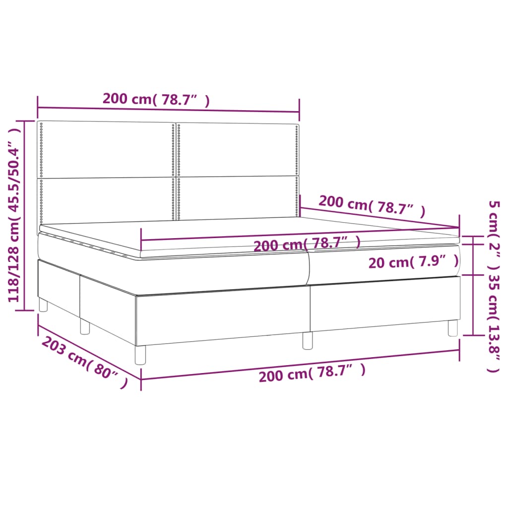 Cama box spring c/ colchão e LED 200x200 cm tecido preto