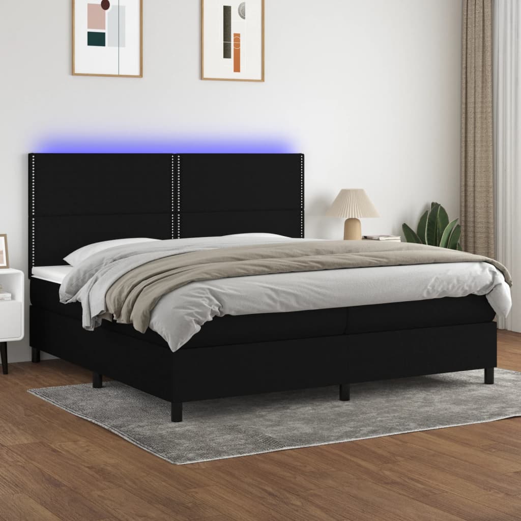 Cama box spring c/ colchão e LED 200x200 cm tecido preto