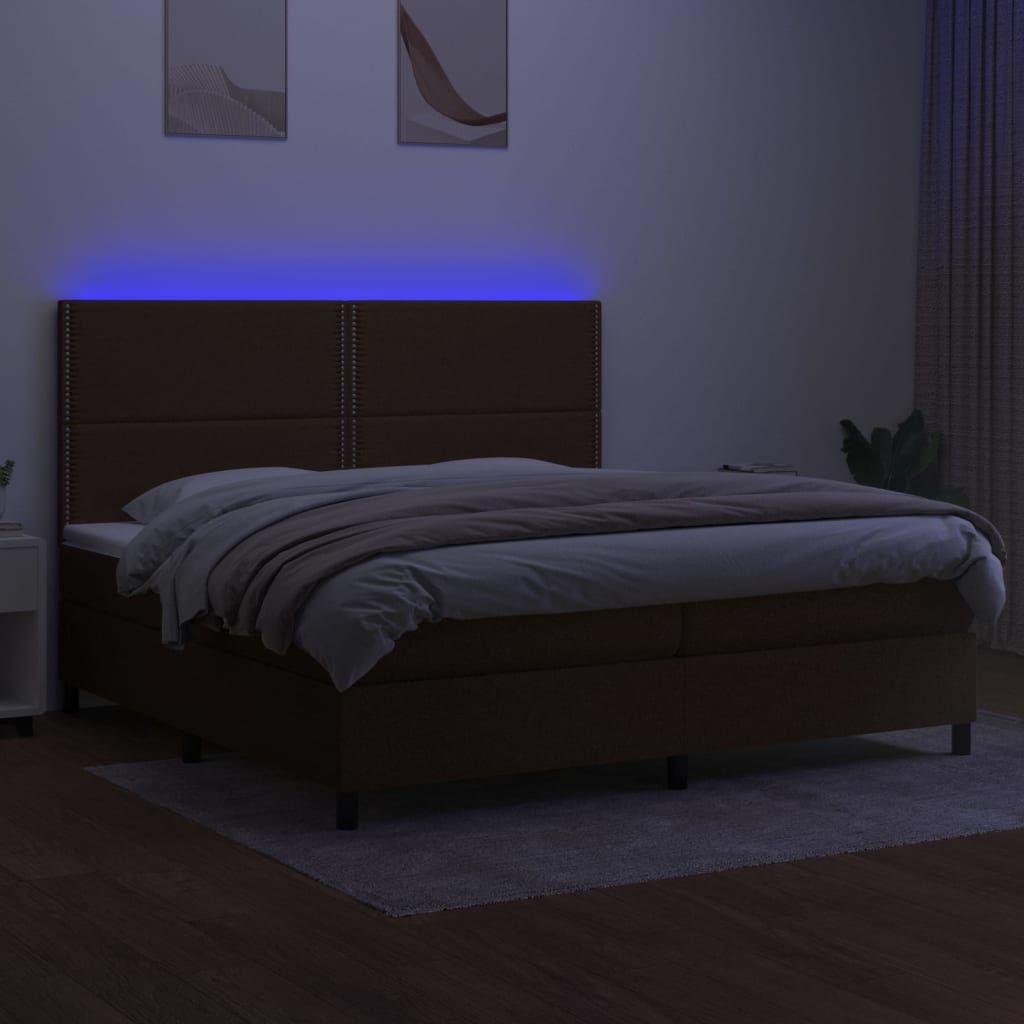 Cama box spring c/ colchão/LED 200x200cm tecido castanho-escuro