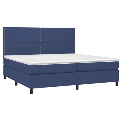 Cama box spring c/ colchão e LED 200x200 cm tecido azul