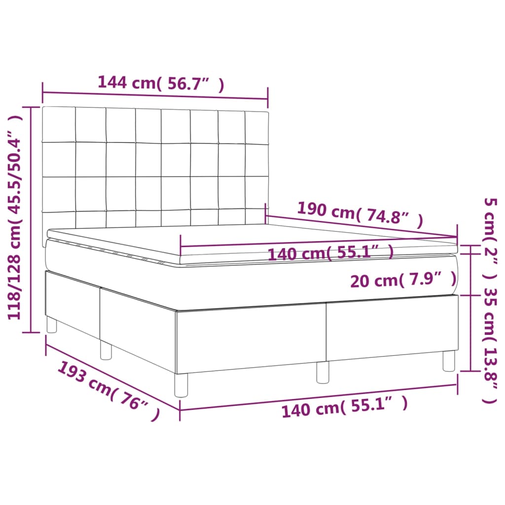 Cama box spring c/ colchão e LED 140x190 cm tecido cinza-escuro