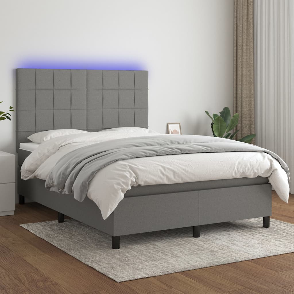 Cama box spring c/ colchão e LED 140x190 cm tecido cinza-escuro