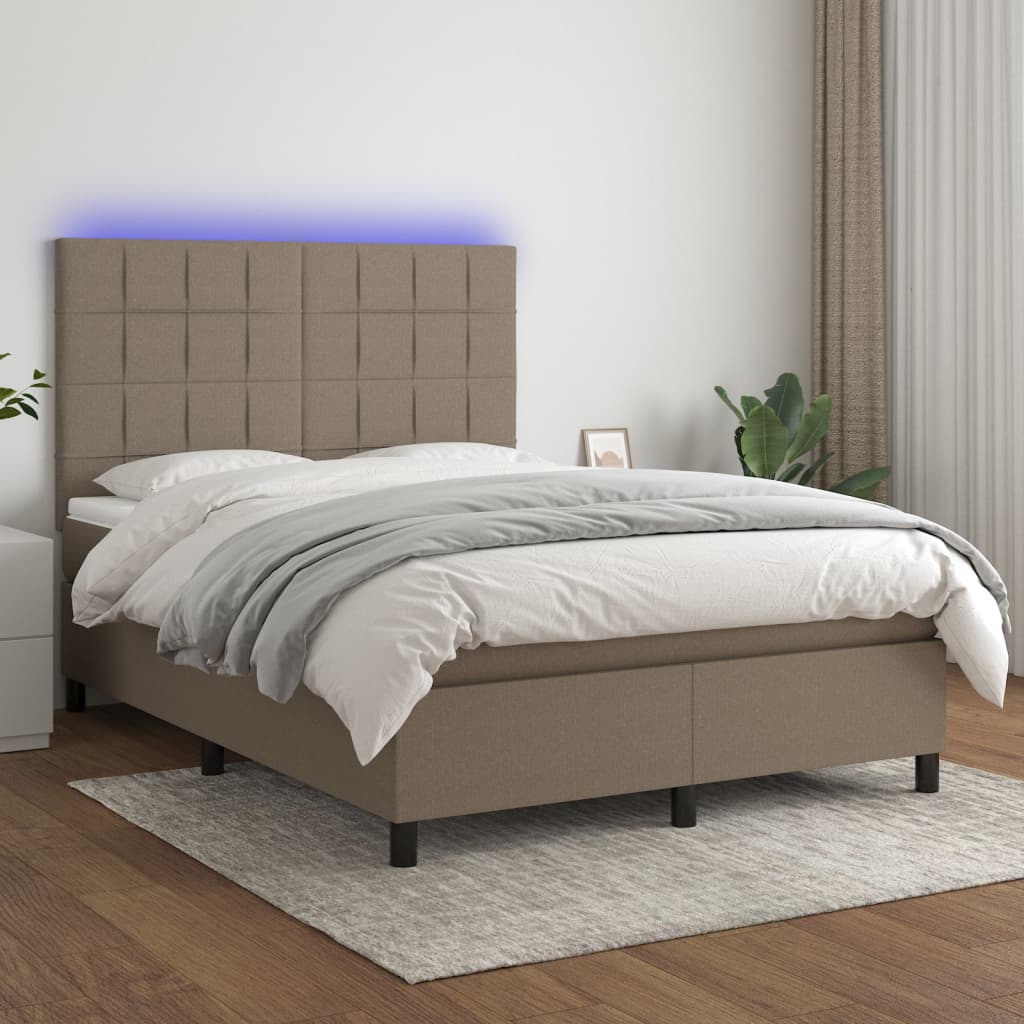 Cama box spring colchão/LED 140x190cm tecido cinza-acastanhado