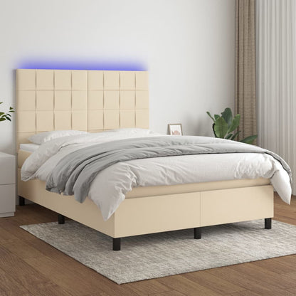 Cama box spring c/ colchão e LED 140x190 cm tecido cor creme