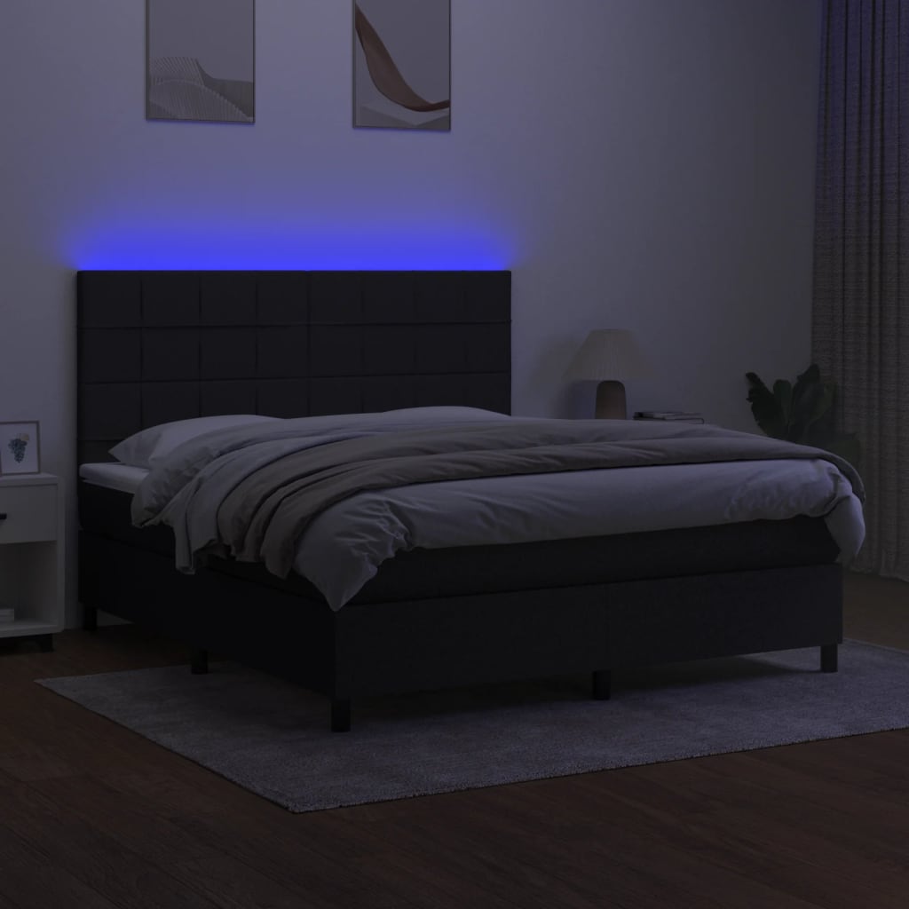 Cama box spring c/ colchão e LED 160x200 cm tecido preto