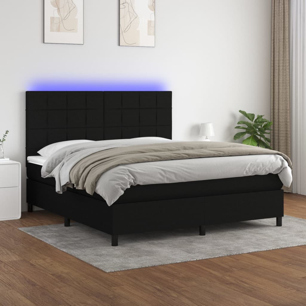 Cama box spring c/ colchão e LED 160x200 cm tecido preto