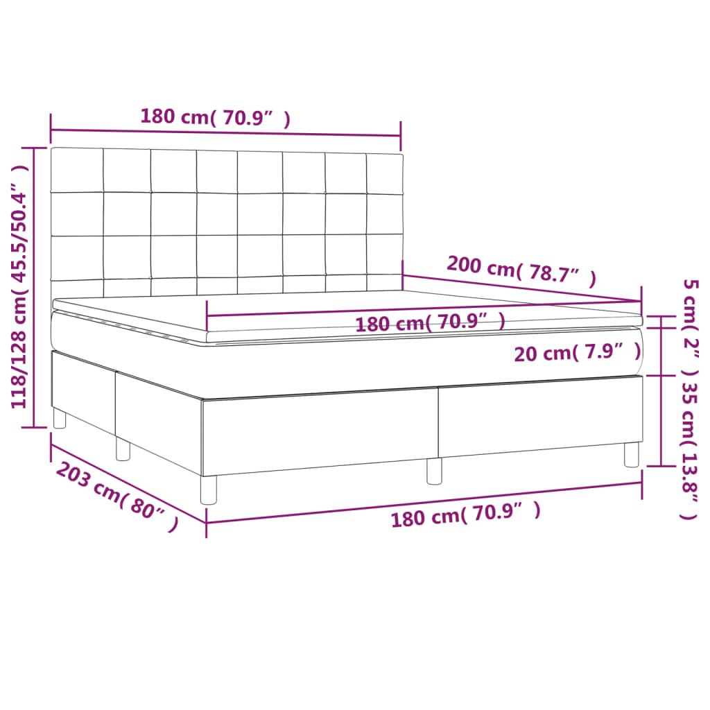 Cama box spring c/ colchão e LED 180x200 cm tecido cinza-escuro