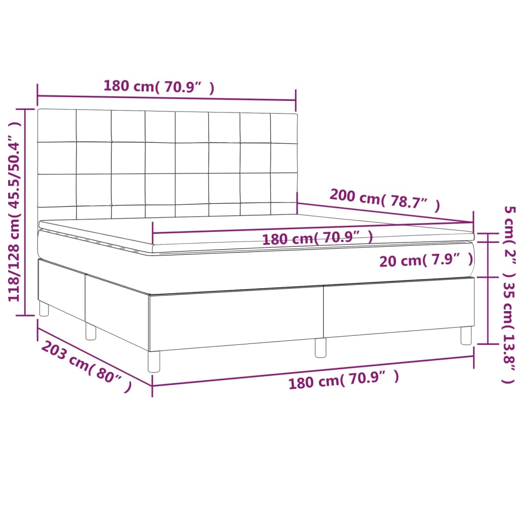 Cama box spring c/ colchão e LED 180x200 cm tecido preto