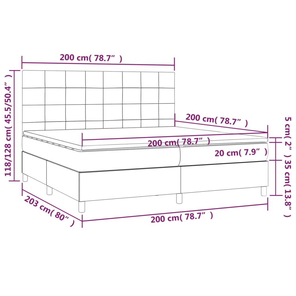 Cama box spring c/ colchão e LED 200x200 cm tecido preto