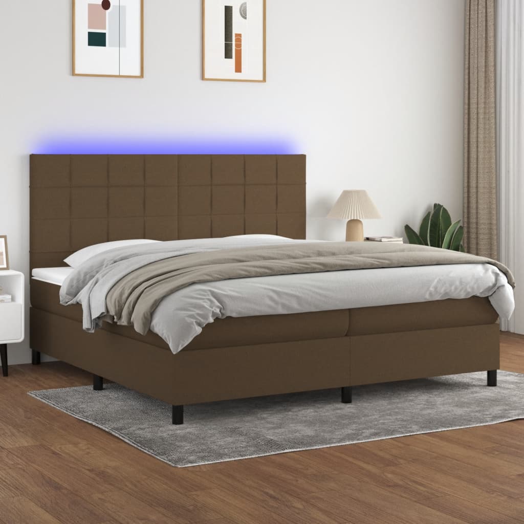 Cama box spring c/ colchão/LED 200x200cm tecido castanho-escuro