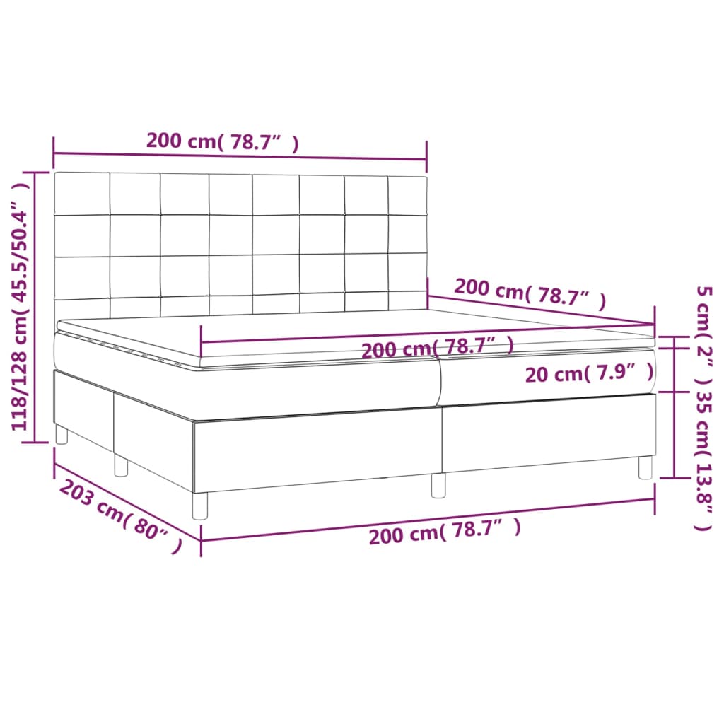 Cama box spring c/ colchão e LED 200x200 cm tecido cor creme