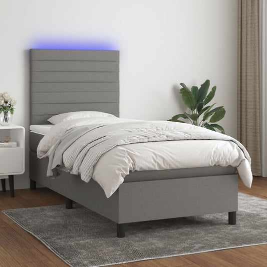 Cama box spring c/ colchão e LED 80x200 cm tecido cinza-escuro