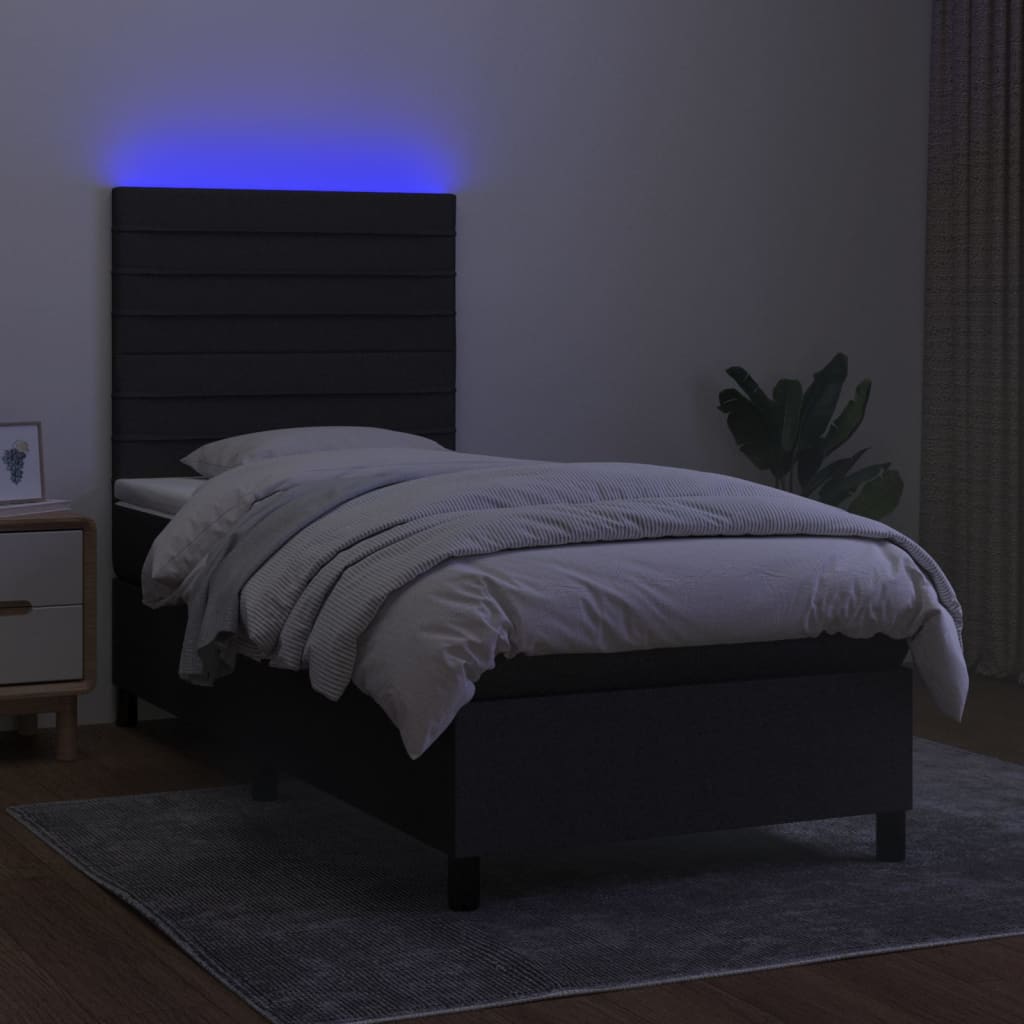 Cama box spring c/ colchão e LED 80x200 cm tecido preto