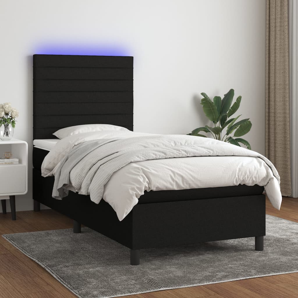 Cama box spring c/ colchão e LED 80x200 cm tecido preto