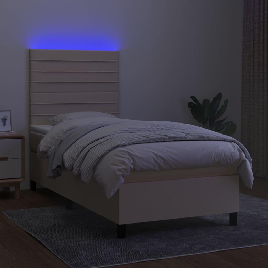 Cama box spring c/ colchão e LED 80x200 cm tecido cor creme