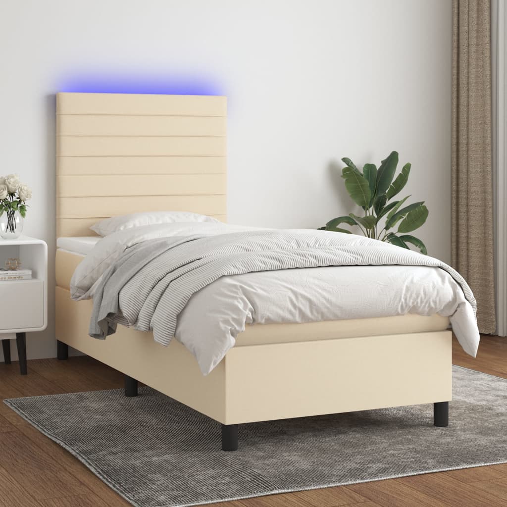 Cama box spring c/ colchão e LED 80x200 cm tecido cor creme