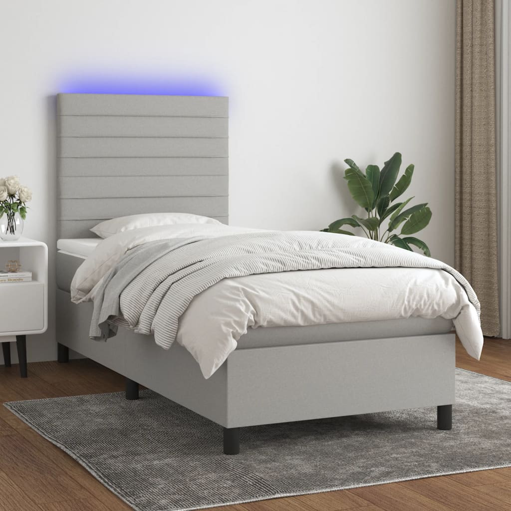 Cama box spring c/ colchão e LED 90x190 cm tecido cinza-claro