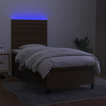 Cama box spring c/ colchão/LED 90x190 cm tecido castanho-escuro