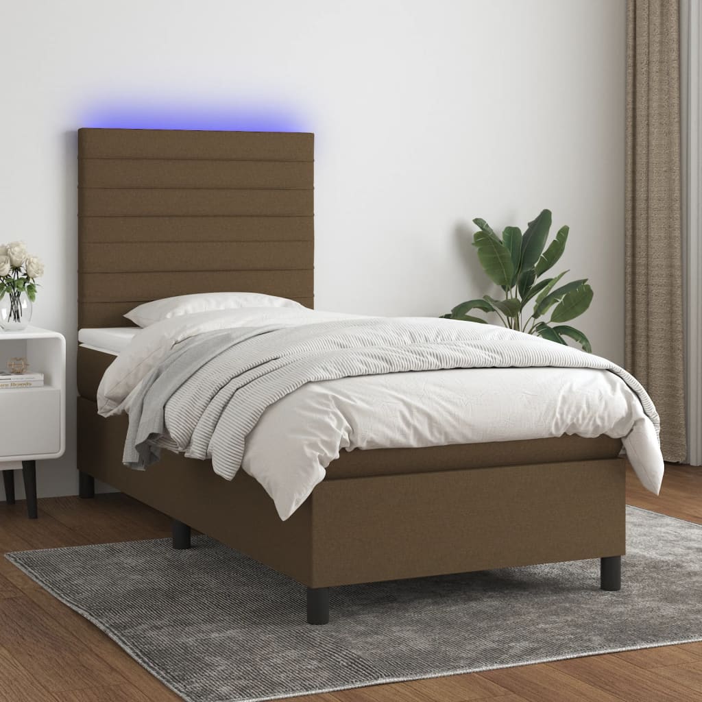 Cama box spring c/ colchão/LED 90x190 cm tecido castanho-escuro