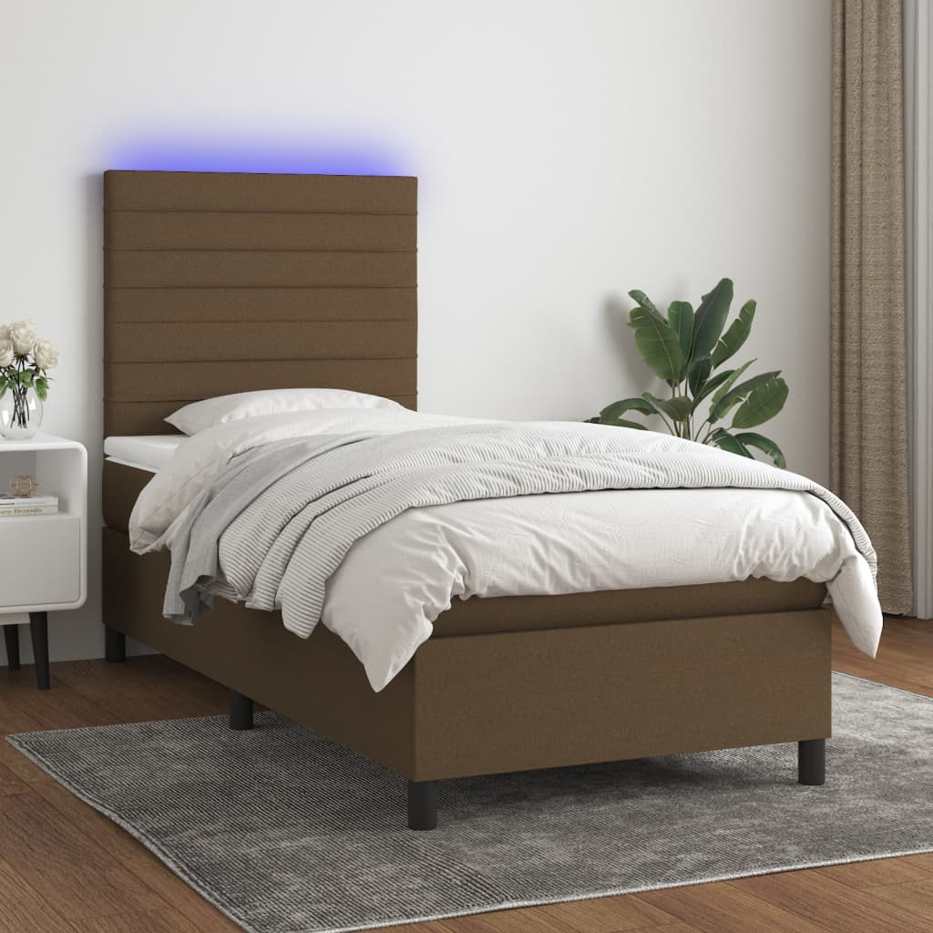 Cama box spring c/ colchão/LED 90x200 cm tecido castanho-escuro