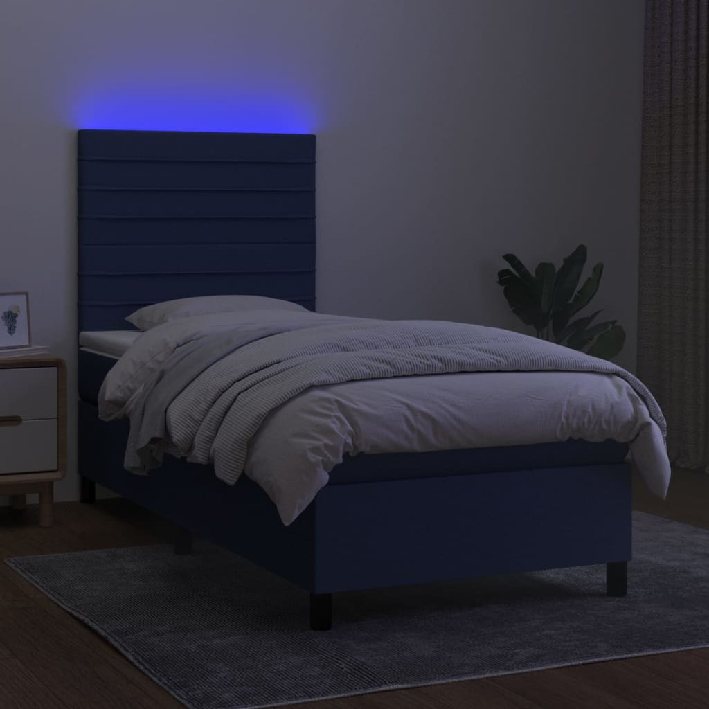 Cama box spring c/ colchão e LED 90x200 cm tecido azul