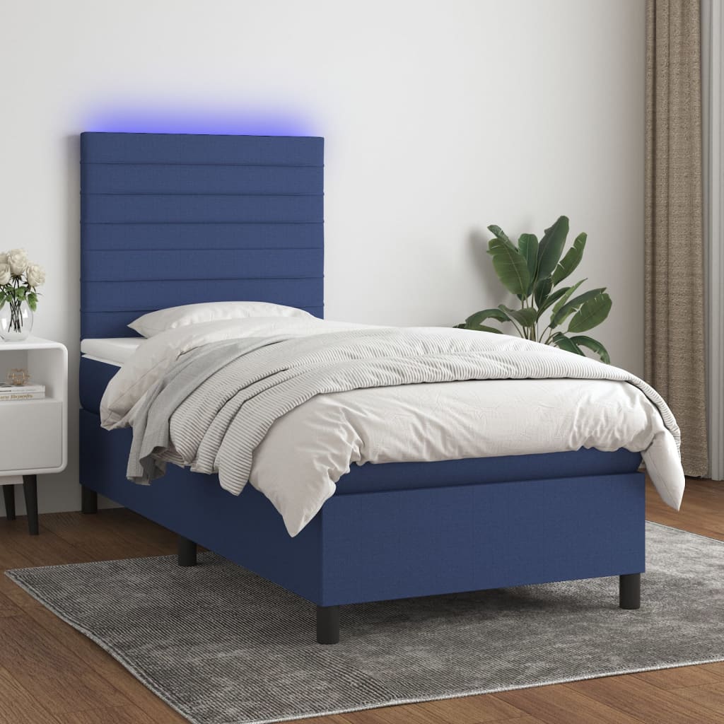 Cama box spring c/ colchão e LED 90x200 cm tecido azul