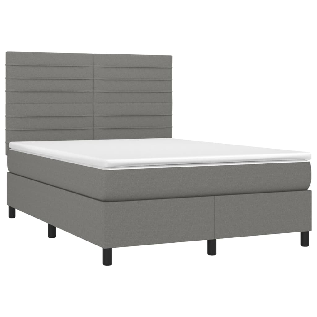 Cama box spring c/ colchão e LED 140x190 cm tecido cinza-escuro