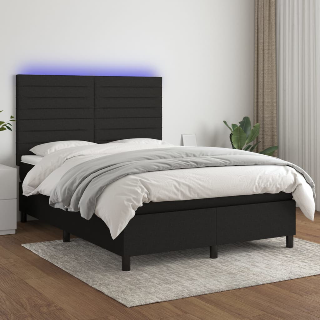 Cama box spring c/ colchão e LED 140x200 cm tecido preto