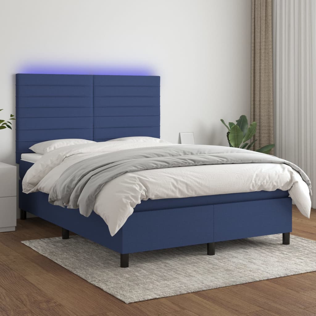 Cama box spring c/ colchão e LED 140x200 cm tecido azul