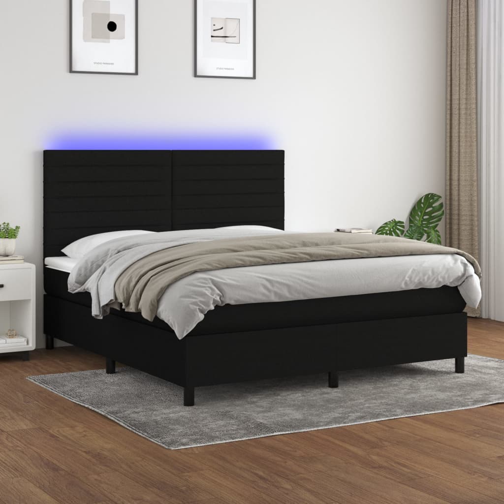 Cama box spring c/ colchão e LED 160x200 cm tecido preto