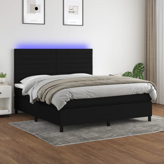 Cama box spring c/ colchão e LED 180x200 cm tecido preto