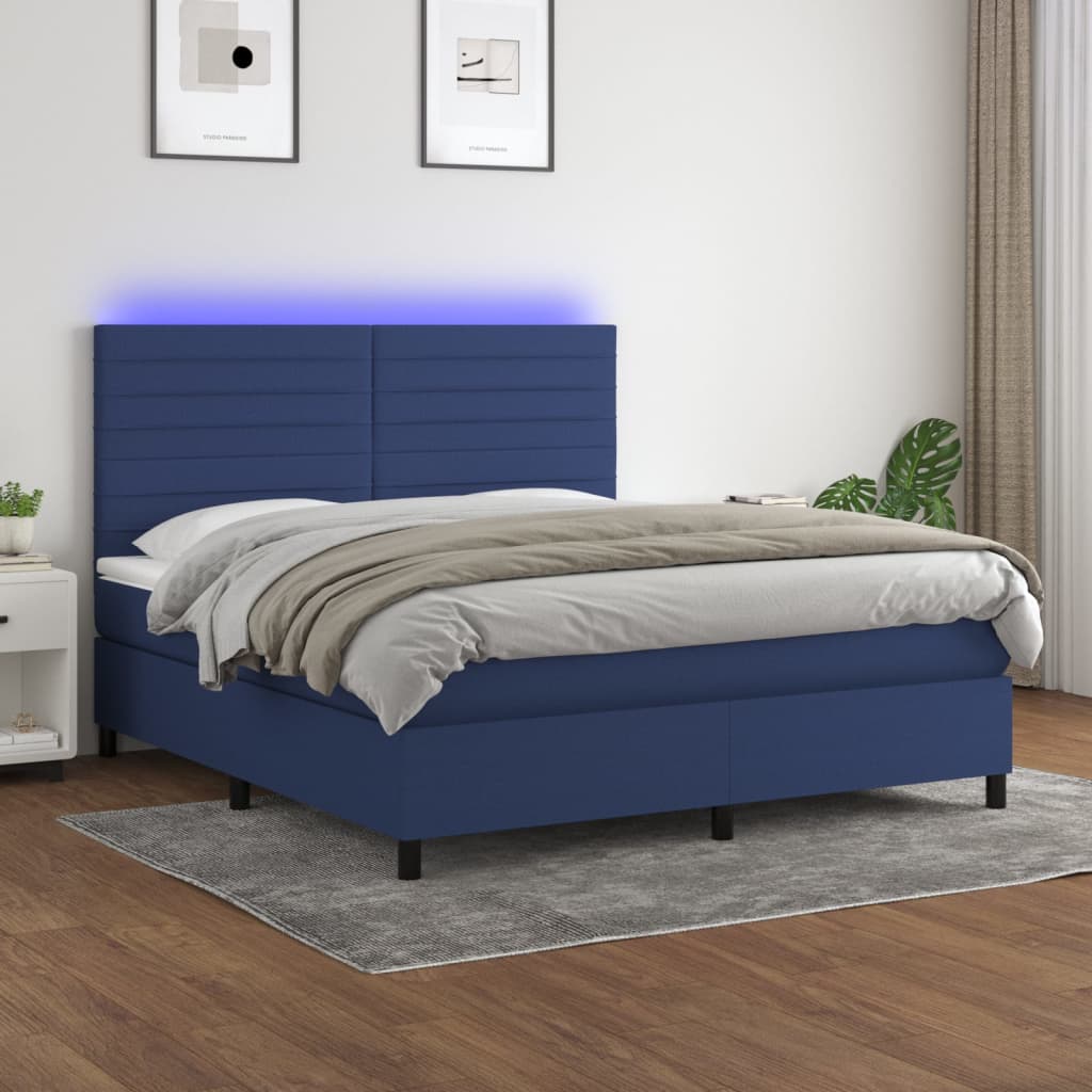 Cama box spring c/ colchão e LED 180x200 cm tecido azul