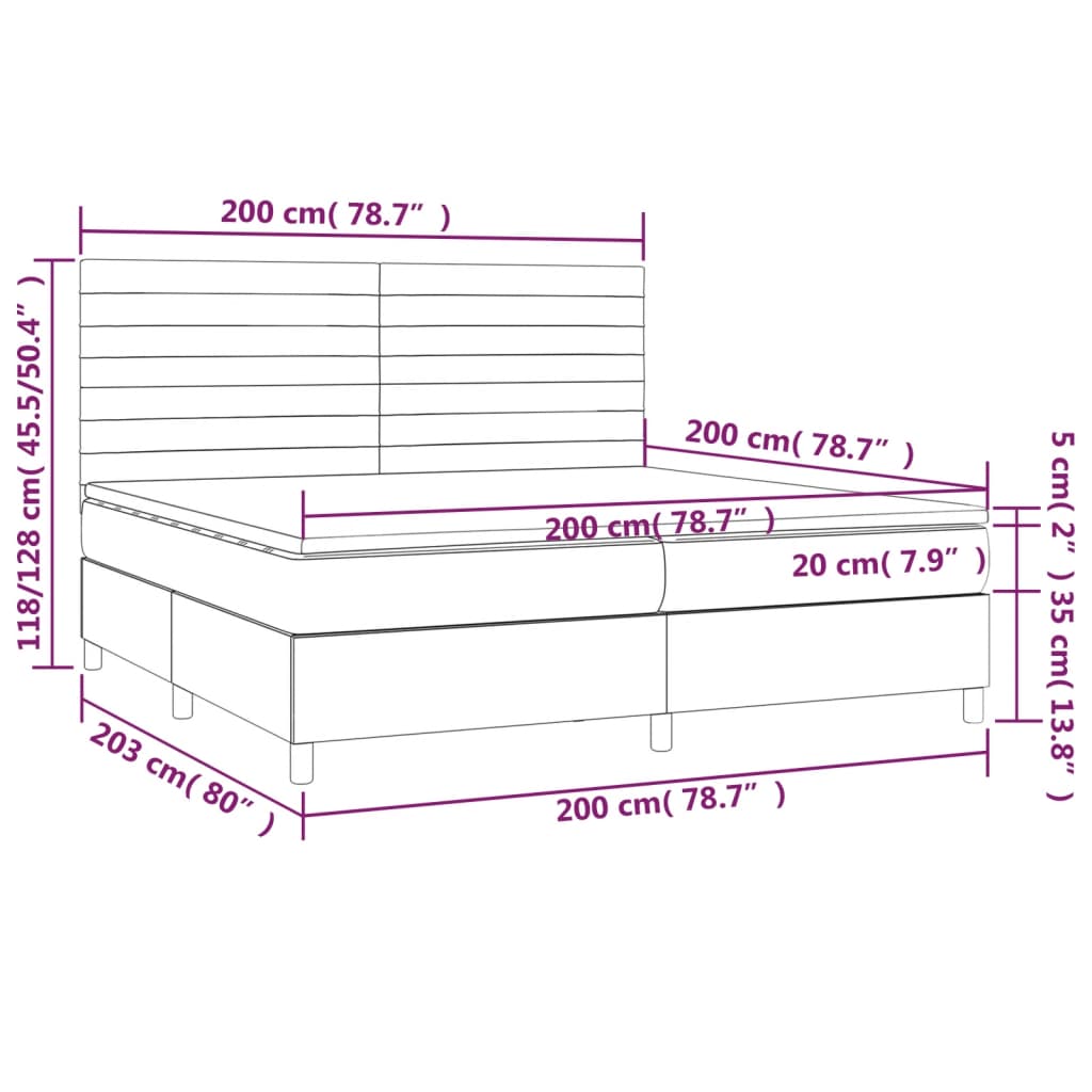 Cama box spring c/ colchão e LED 200x200 cm tecido cinza-escuro