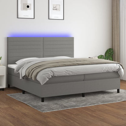 Cama box spring c/ colchão e LED 200x200 cm tecido cinza-escuro