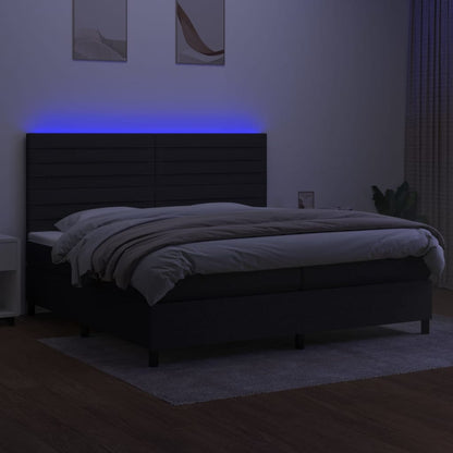 Cama box spring c/ colchão e LED 200x200 cm tecido preto