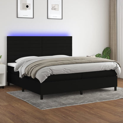 Cama box spring c/ colchão e LED 200x200 cm tecido preto