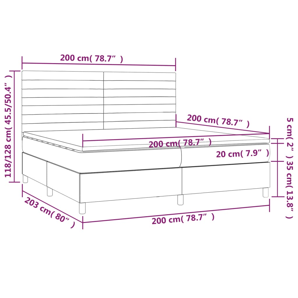 Cama box spring c/ colchão/LED 200x200cm tecido castanho-escuro