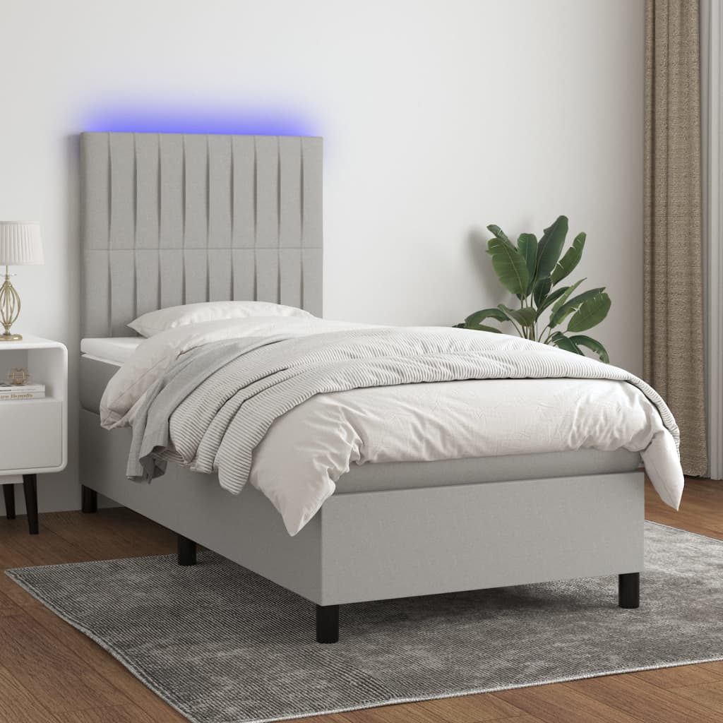 Cama box spring c/ colchão e LED 90x190 cm tecido cinza-claro