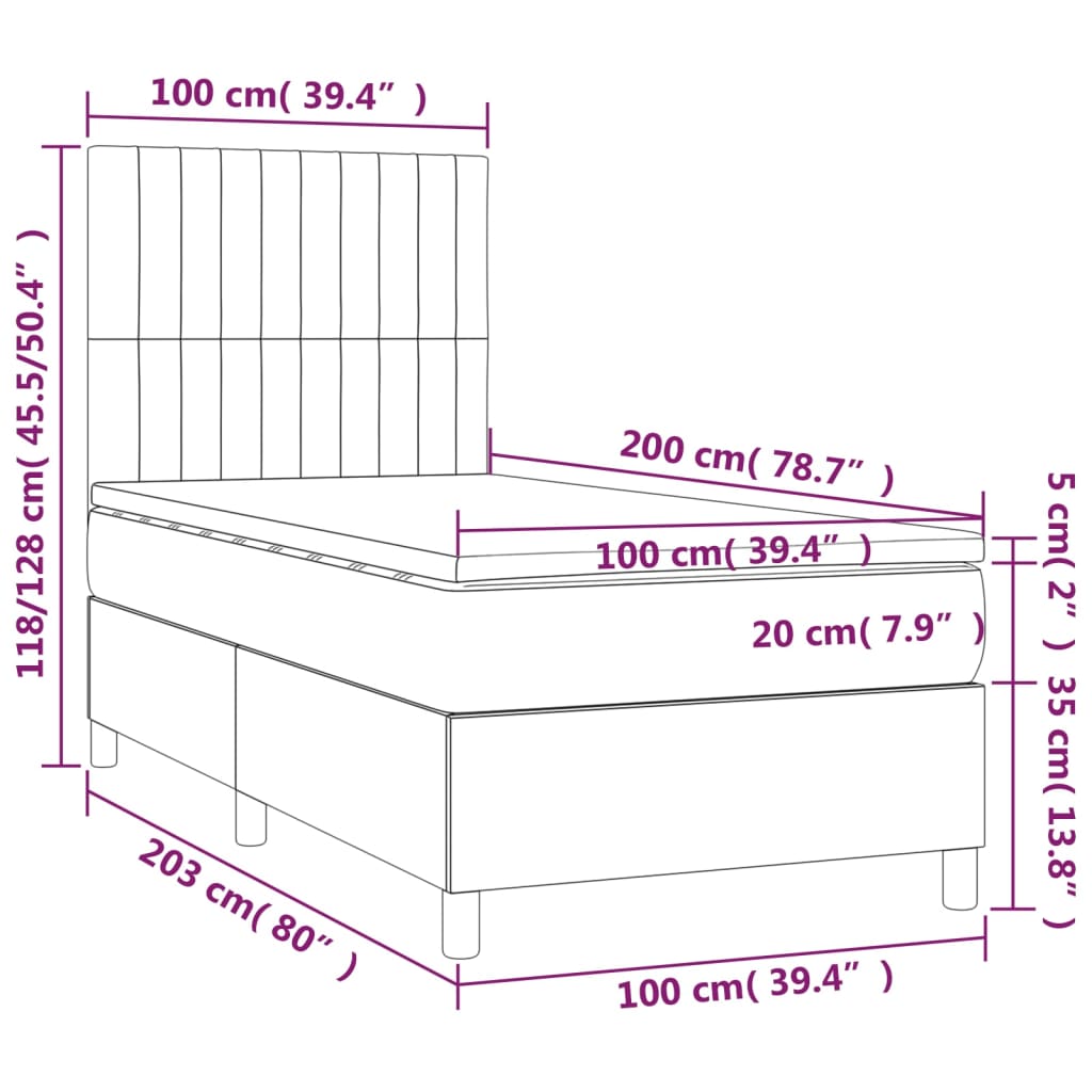 Cama box spring c/ colchão e LED 100x200 cm tecido cinza-escuro