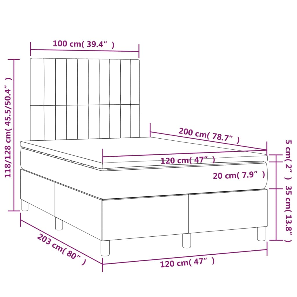 Cama box spring c/ colchão e LED 120x200 cm tecido preto