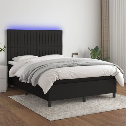 Cama box spring c/ colchão e LED 140x190 cm tecido preto