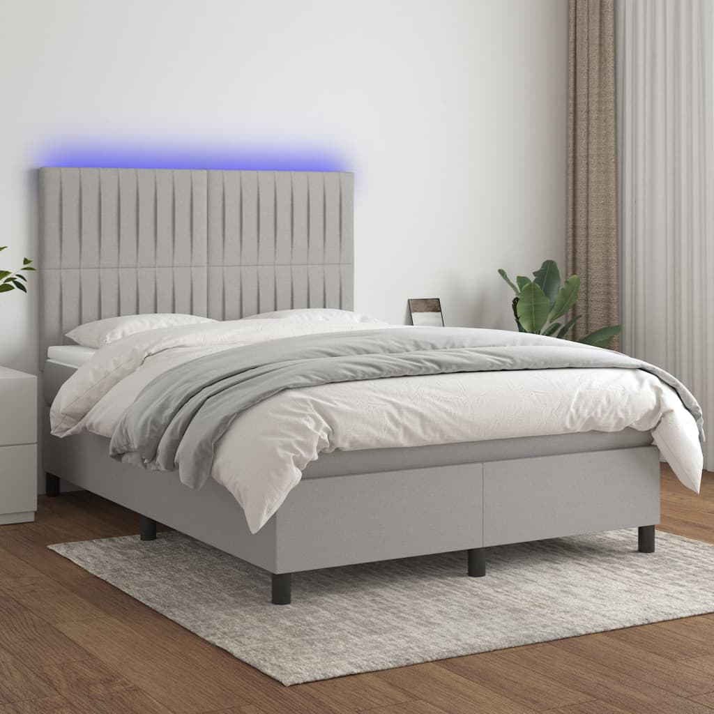 Cama box spring c/ colchão e LED 140x200 cm tecido cinza-claro