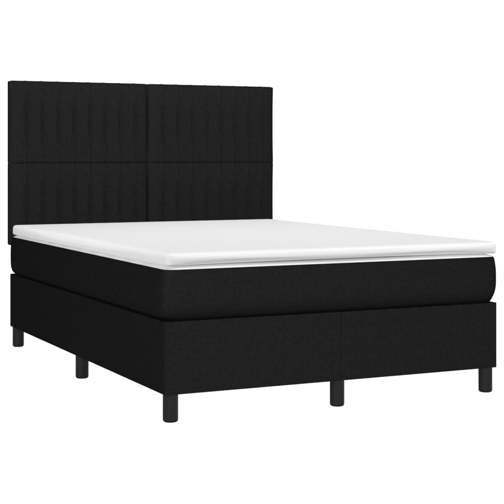 Cama box spring c/ colchão e LED 140x200 cm tecido preto