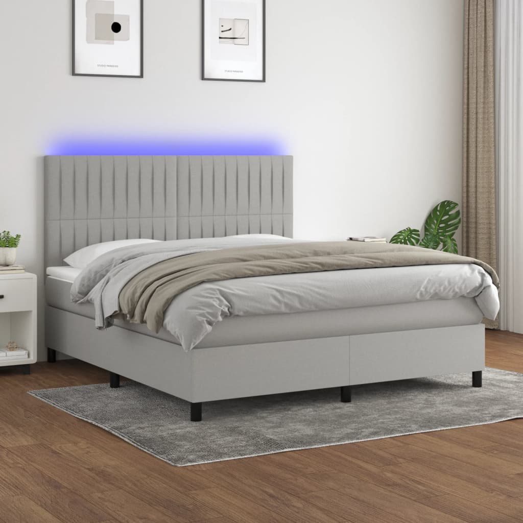 Cama box spring c/ colchão e LED 160x200 cm tecido cinza-claro