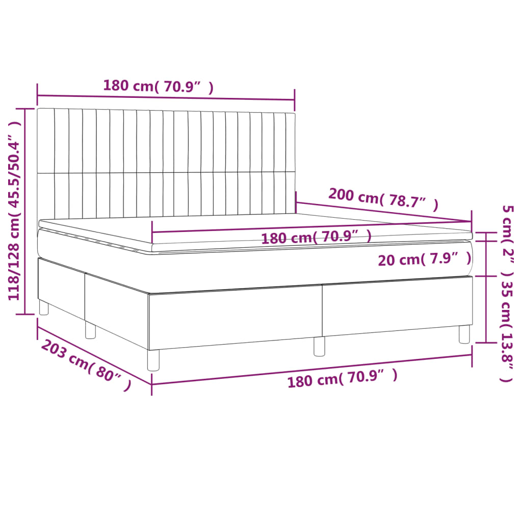 Cama box spring c/ colchão e LED 180x200 cm tecido cor creme