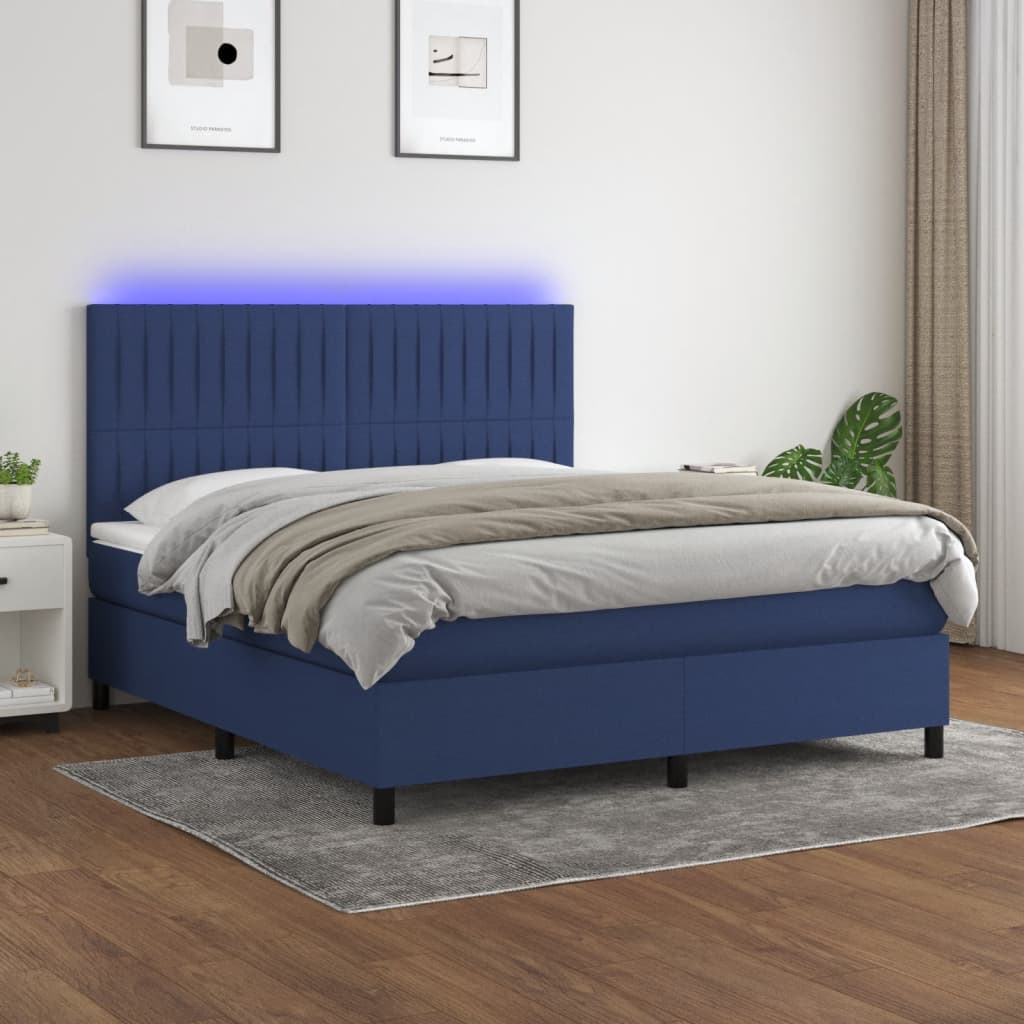 Cama box spring c/ colchão e LED 180x200 cm tecido azul