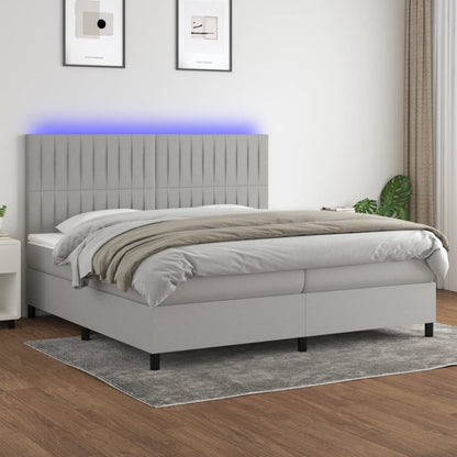 Cama box spring c/ colchão e LED 200x200 cm tecido cinza-claro