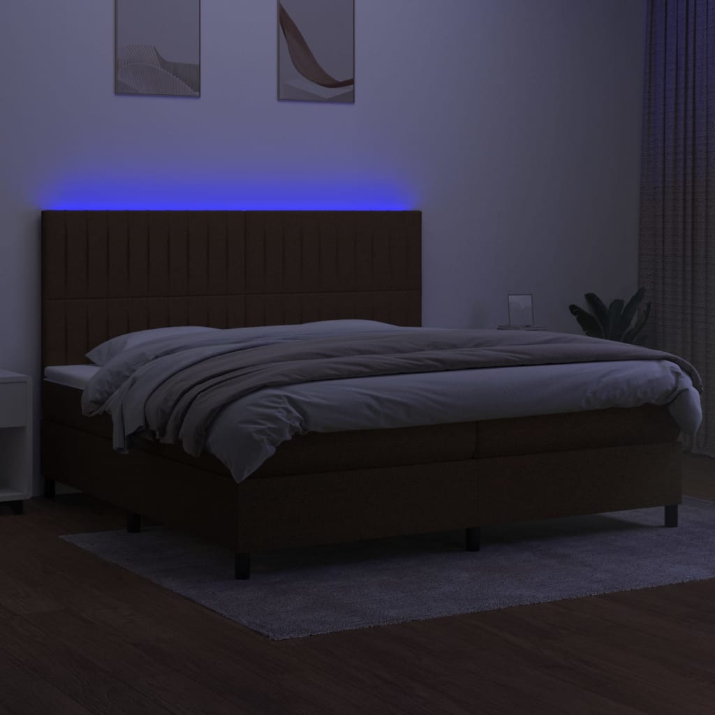 Cama box spring c/ colchão/LED 200x200cm tecido castanho-escuro