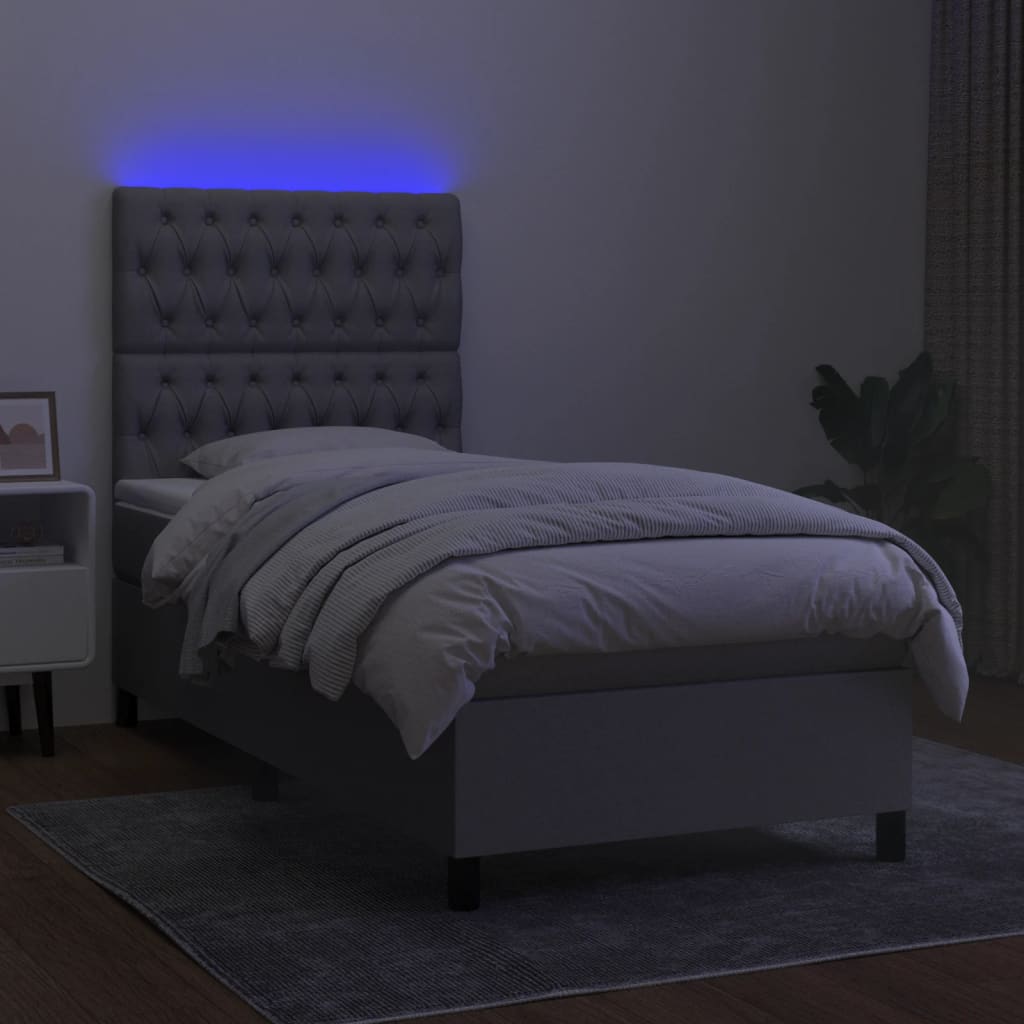 Cama box spring c/ colchão e LED 90x190 cm tecido cinza-claro