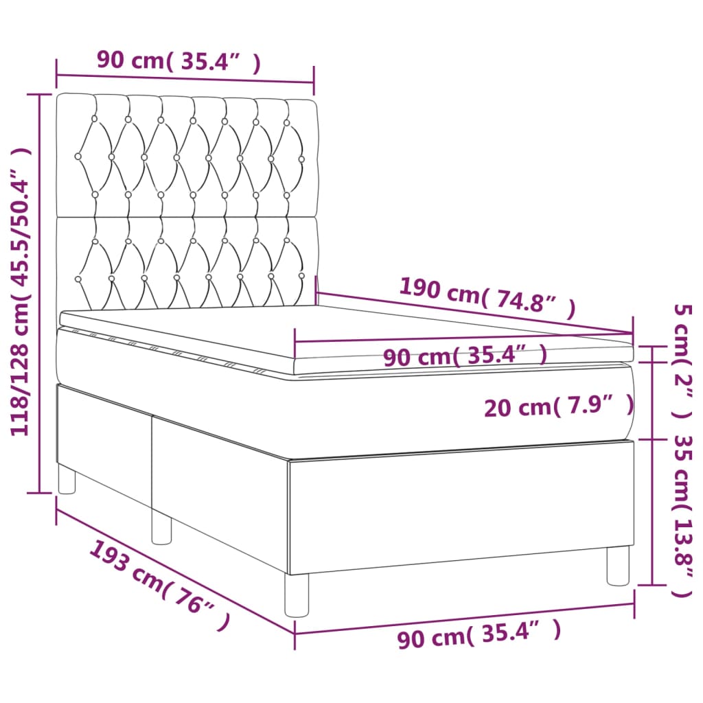 Cama box spring + colchão/LED 90x190cm tecido cinza-acastanhado